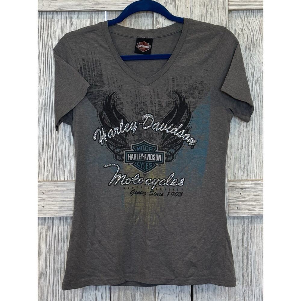 Harley Davidson Women’s V Neck L gray Rhinestone Tee Shirt Nassau Bahamas